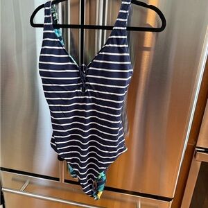 Navy Striped womans One Piece Swimsuit reversible